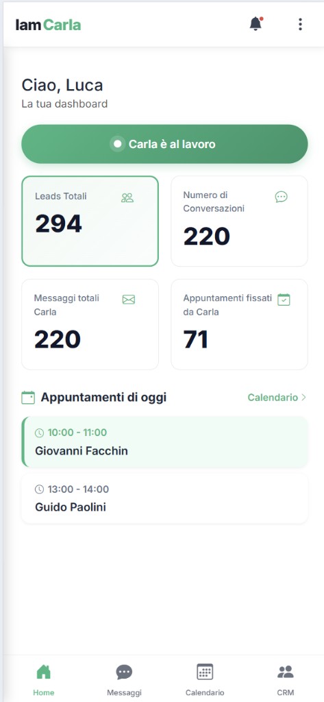 Dashboard IamCarla su smartphone con notifiche per nuovi lead e appuntamenti